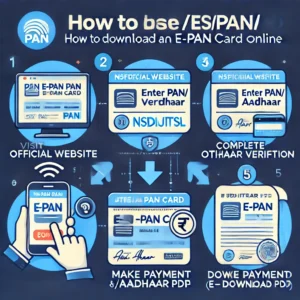 Step-by-step infographic showing how to download an e-PAN card online. The process includes visiting the official website (NSDL/UTIITSL), entering PAN/Aadhaar details, completing OTP verification, making payment (if applicable), and downloading the e-PAN PDF.